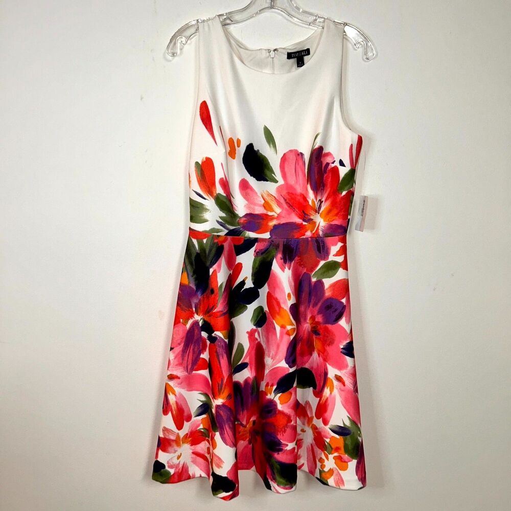 Roz & Ali Midi Dress Womens 8 White Multi Floral Sleeveless Romantic Cottage NWT